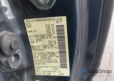 2017 Nissan Frontier Sv z USA, uszkodzony, nr VIN 1N6DD0CU2HN773472